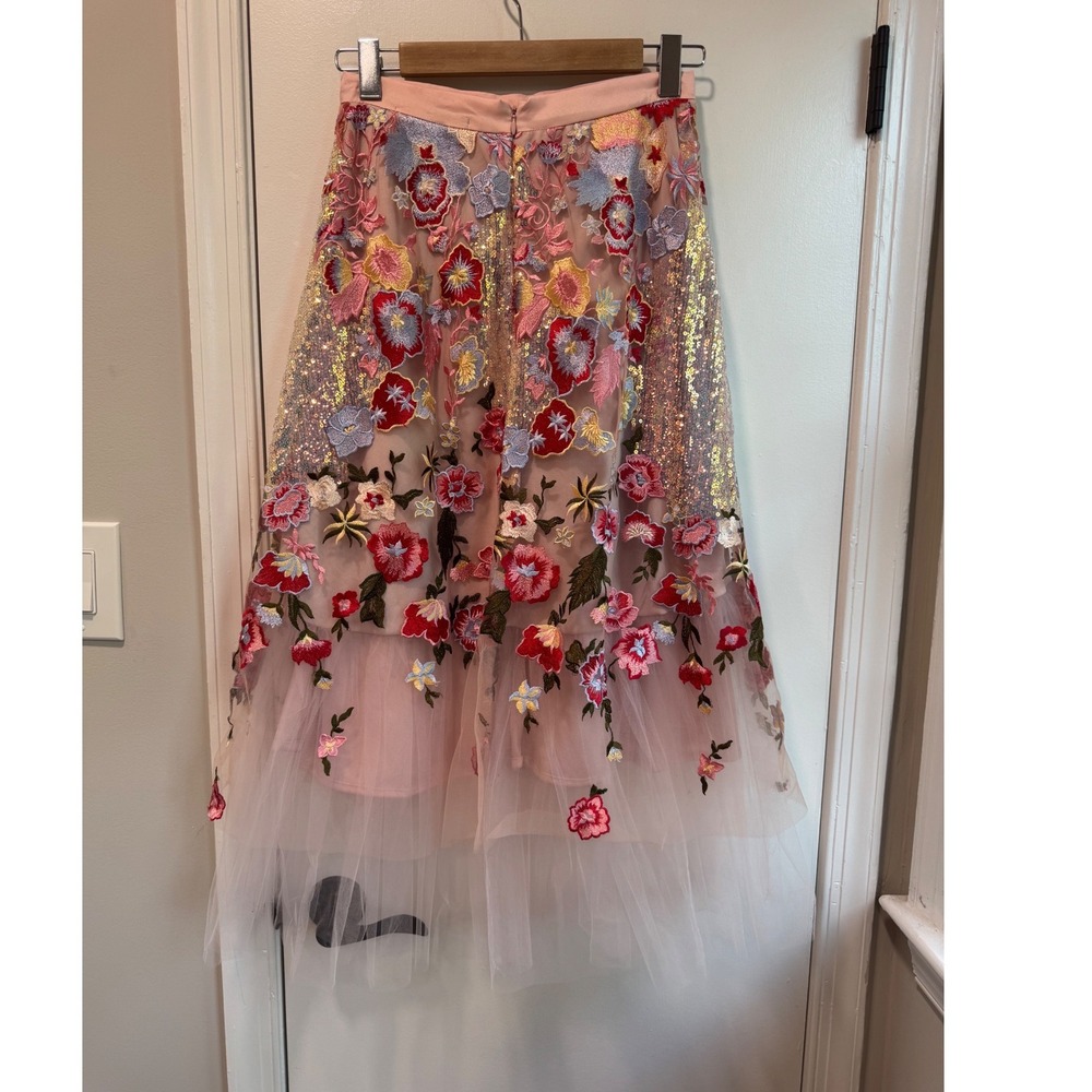Eva Franco Pink Floral Embroidered Tulle Sequin Midi Skirt Womens Size 2 USA - Picture 3 of 8